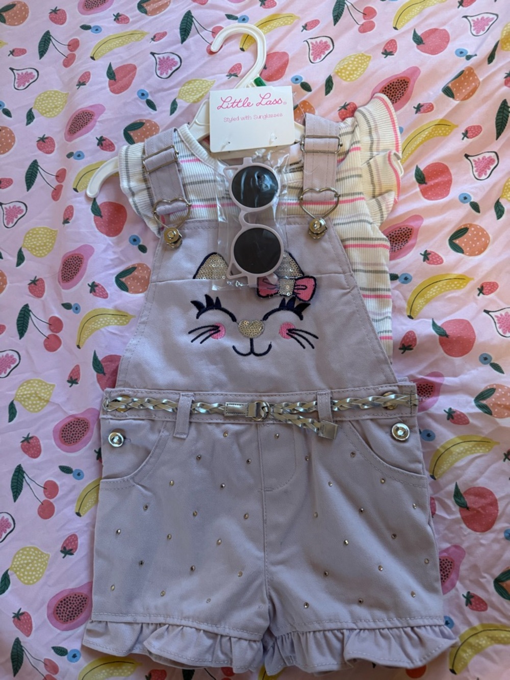 Little Lass Light Pink/Purple Cat Embroidered overalls  with Sunglasses